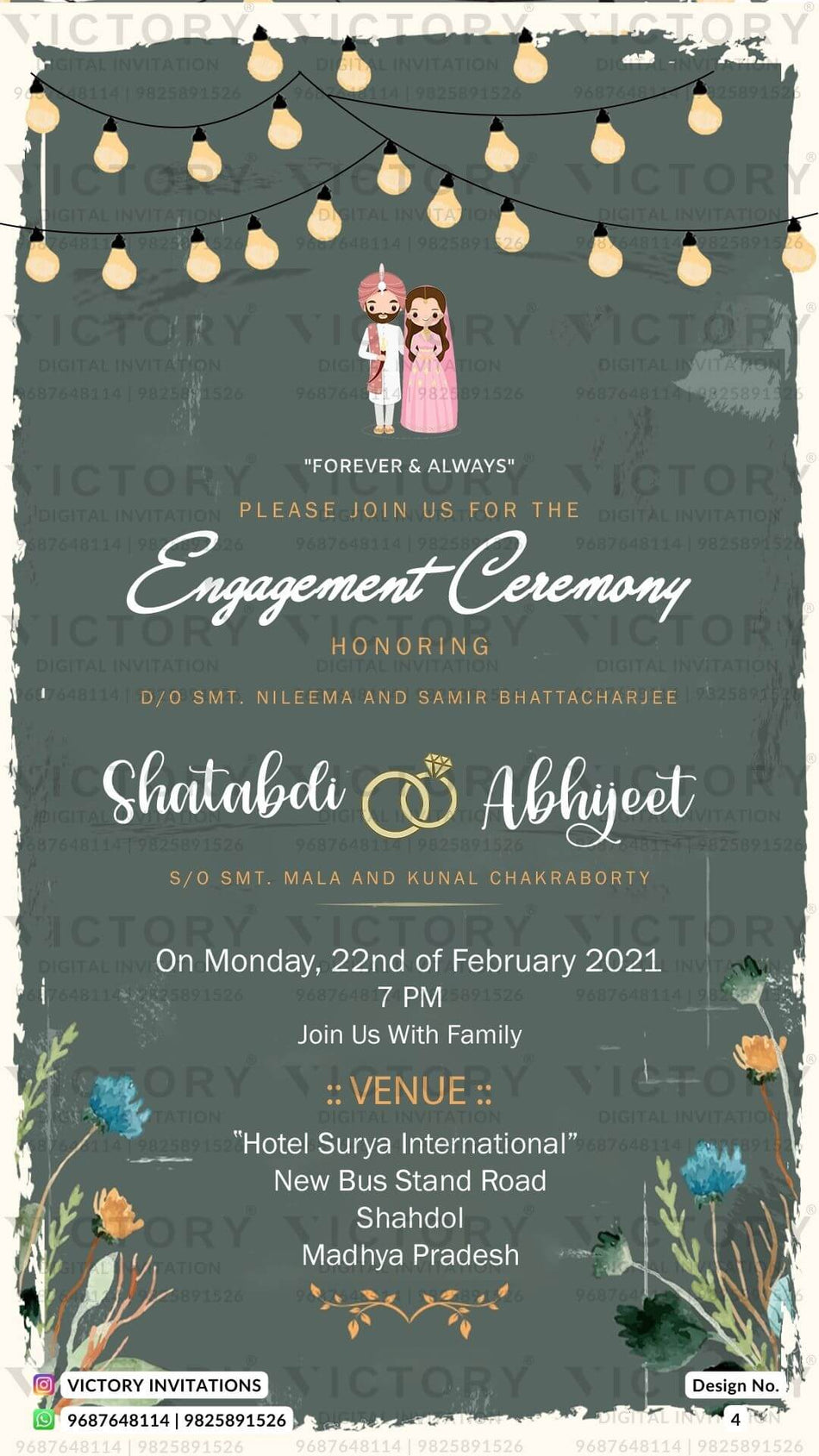Sikh Engagement invitation card in English language with string lights, flowers as minimalistic theme design 4