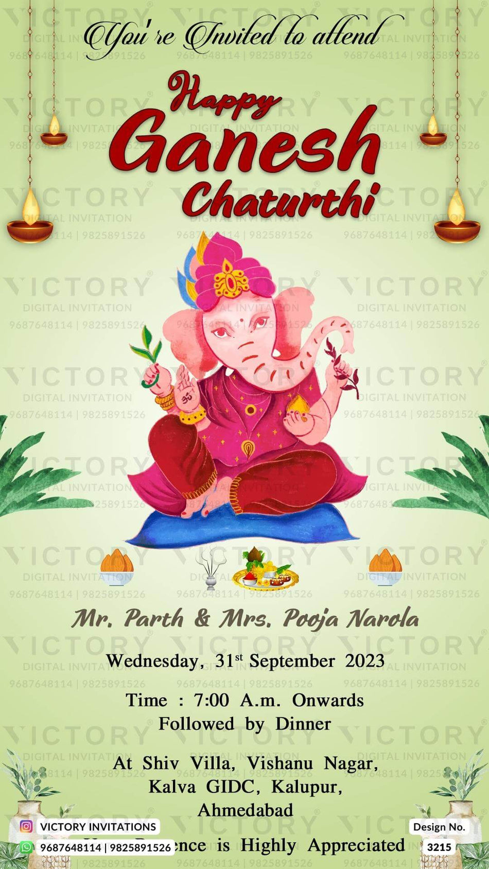Ganesh Chaturthi festival invitation card in english language with ganesha image, diya as minimalistic theme design 3215