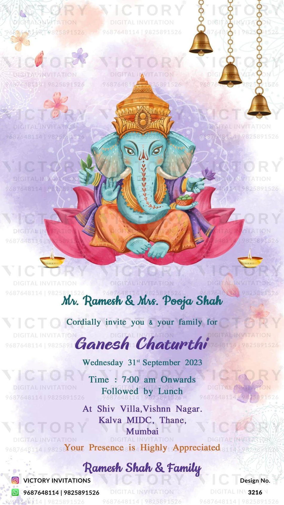 Ganesh Chaturthi festival invitation card in english language with ganesha image, bells as minimalistic theme design 3216