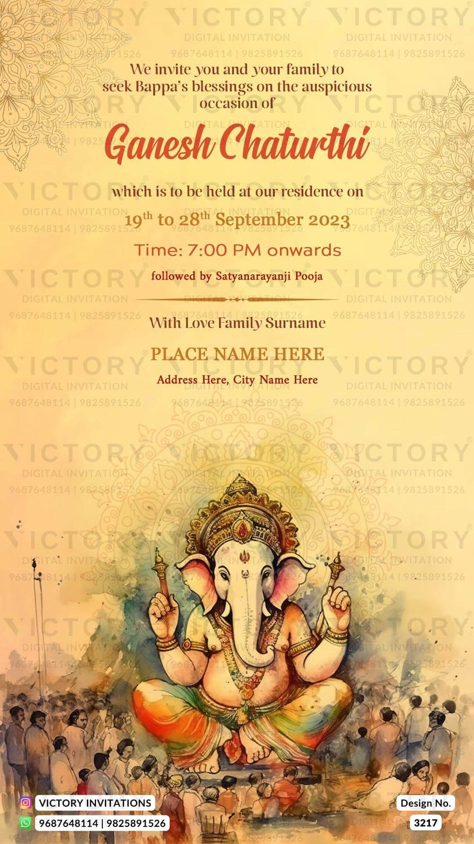 Ganesh Chaturthi festival invitation card in english language with ganesha image, mandala as vintage theme design 3217