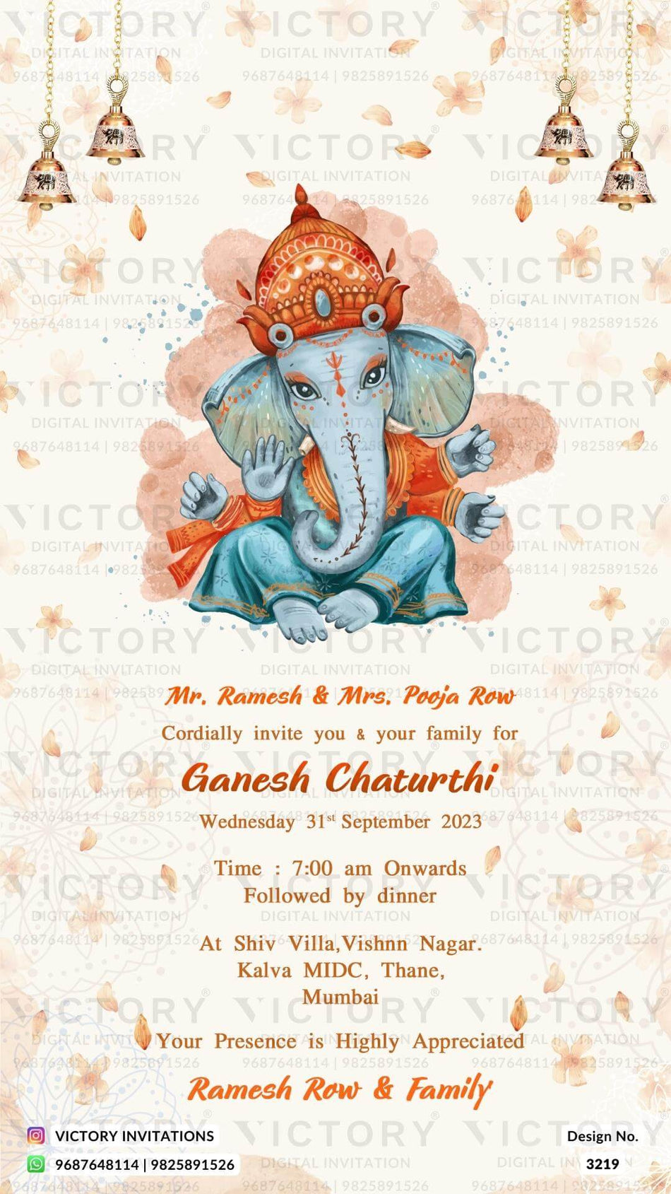 Ganesh Utsav invitation card in english language with ganesha image as minimalistic theme design 3219