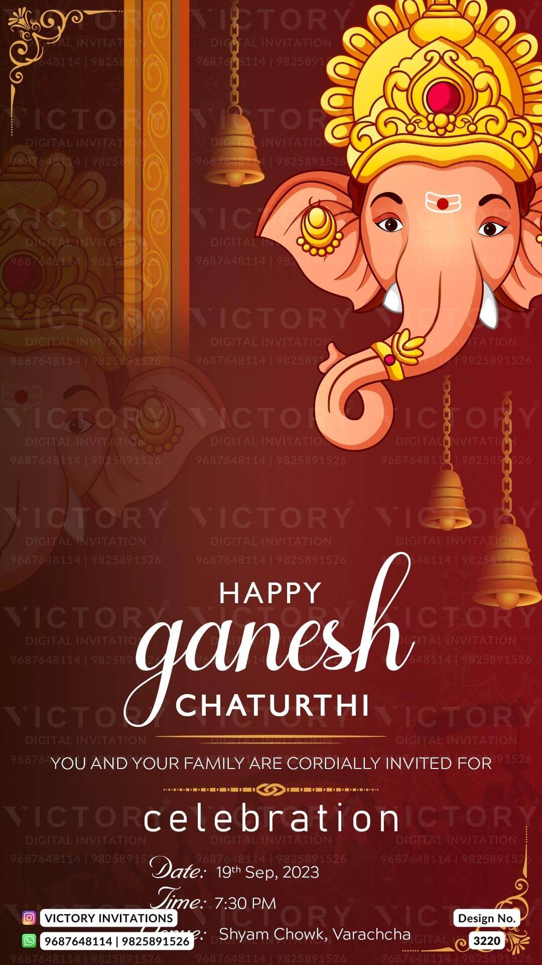 Ganesh Chaturthi festival invitation card in english language with ganesha image, bells as minimalistic theme design 3220