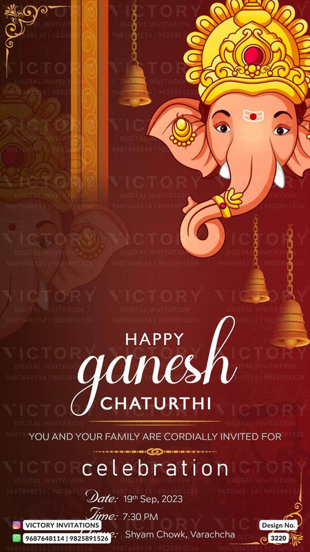 Ganesh Chaturthi festival invitation card in english language with ganesha image, bells as minimalistic theme design 3220