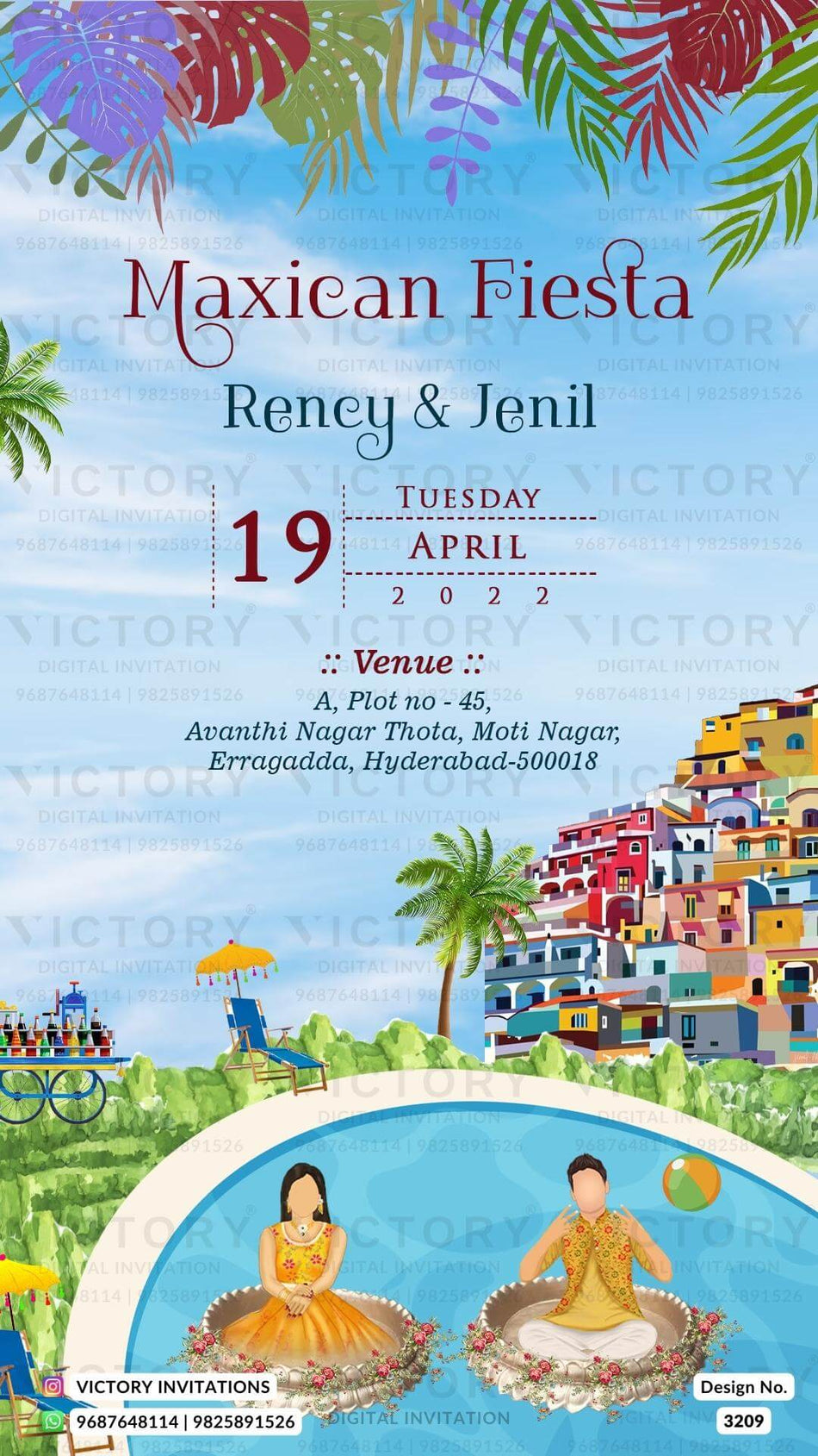 Haldi ceremony invitation card in english language with boho leaves, swimming pool as carnival theme design 3209