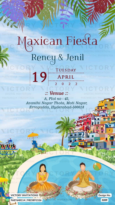 Haldi ceremony invitation card in english language with boho leaves, swimming pool as carnival theme design 3209