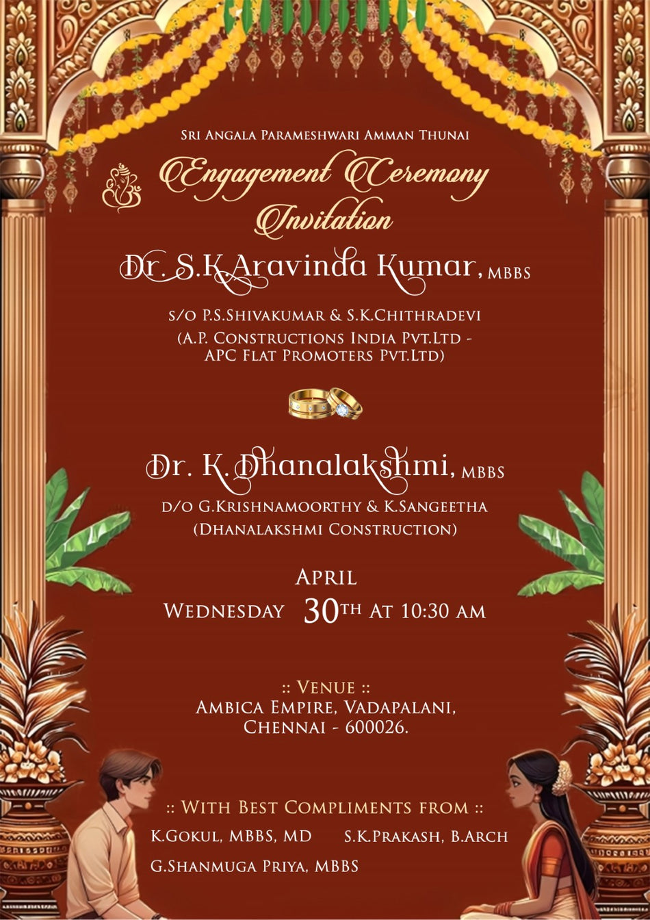 An ornate Indian engagement ceremony invitation card with a deep red background, gold decorative borders, and white and gold text. The card includes illustrations of traditional figures at the bottom and a small gold coin graphic near the center.