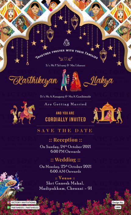 traditional theme blue color tamil wedding digital invite card in English language design 1444