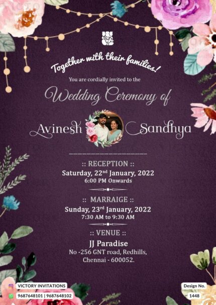 floral theme purple color tamil wedding digital invitation card in English language design 1448