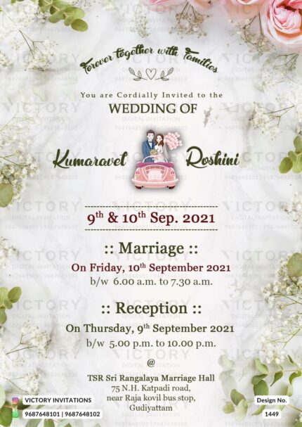 green gypsy flowers theme tamil wedding digital invitation card in English language design 1449
