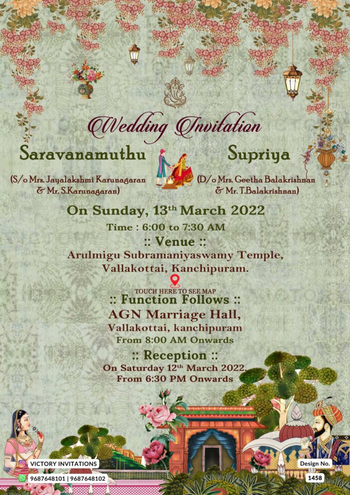 vintage culture theme tamil wedding digital invitation card in English language design 1458