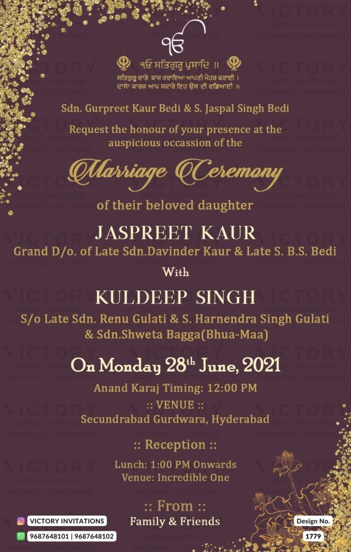 golden flowers theme Punjabi wedding invitation digital card in English language design 1779
