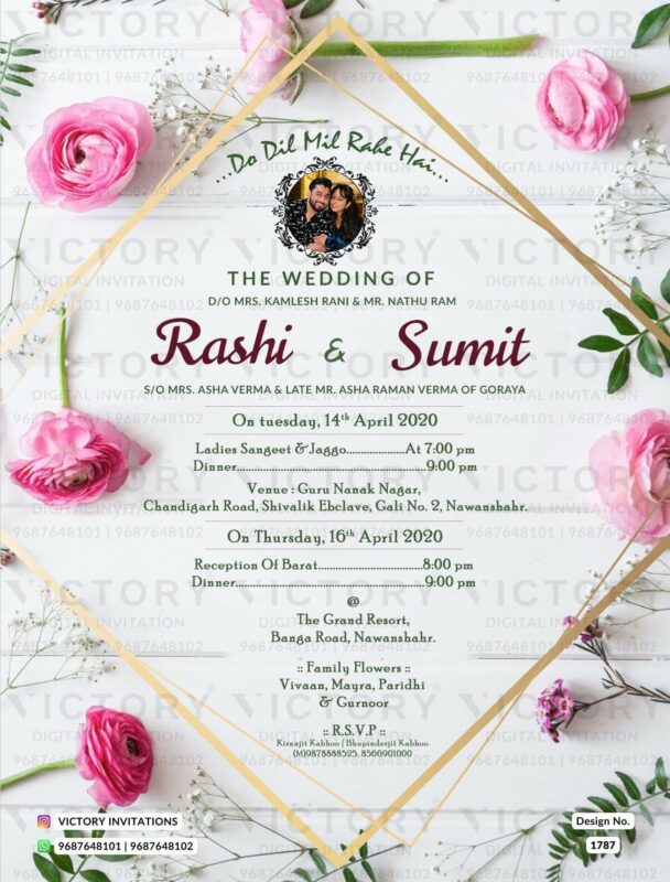 rose flower theme Punjabi wedding ceremony digital invite card in English language design 1787
