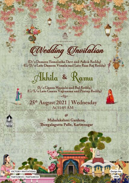 beautiful south Indian wedding card in traditional theme with vintage flowers design 1958