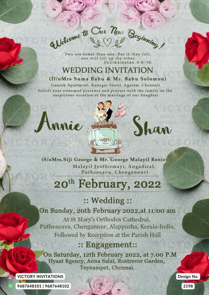 Christian wedding card in green color with red and pink flowes along with couple doodle design 2198