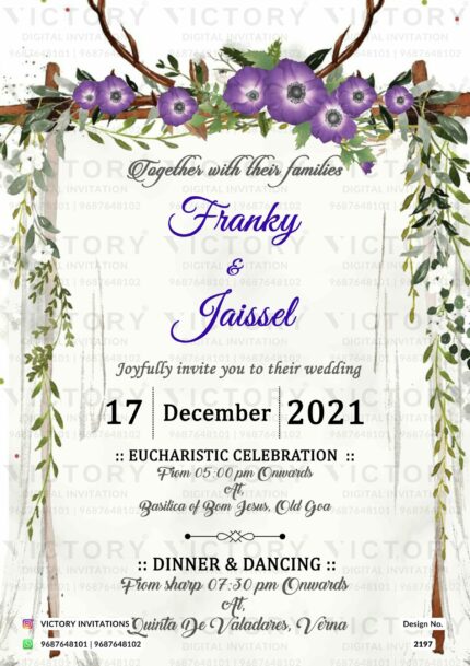 Christian wedding card in white color with purple flowers on wooden gate design 2197