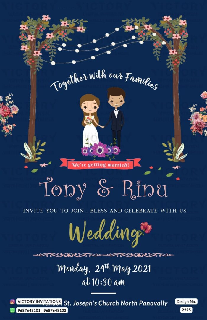 Christian wedding invitation card in blue color with couple doodle, flowers gate, lights design 2225
