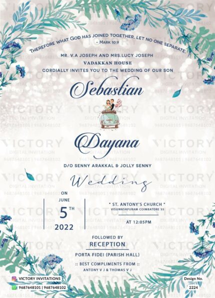 Christian wedding invitation card in silver color with flowers along with bible verses design 2224