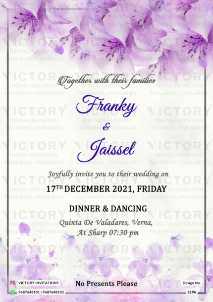 Christin wedding invitation card in purple color with minimal purple flowers design 2196