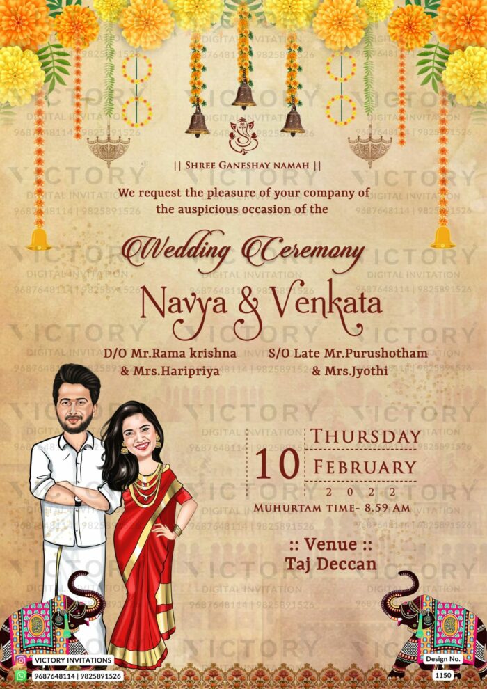 Charming couple caricature invitation card for the wedding ceremony of Hindu south indian telugu family in english language with marigold floral theme design 1150
