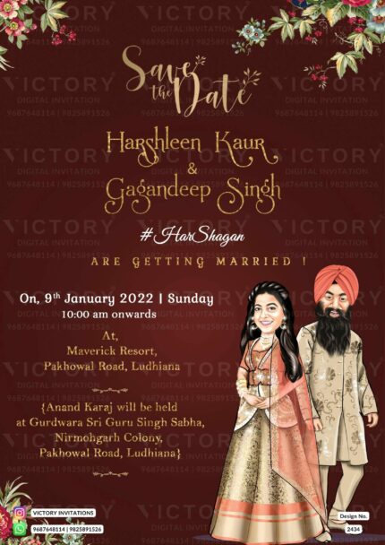 Traditional couple caricature invitation card for wedding ceremony of hindu punjabi sikh family in english language with Floral theme design 2434