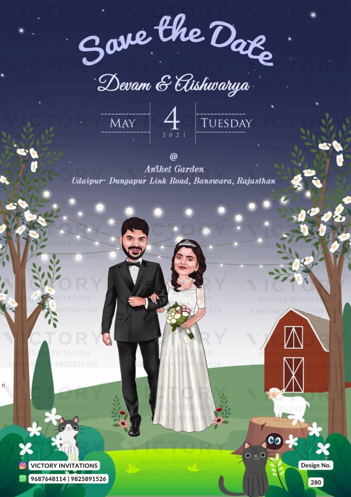 Starry Night Woodland theme Wedding Invite in English Language, design no. 280