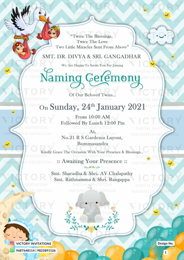 Playful Elephant Blue E-invite for Baby Naming Ceremony, design no. 1