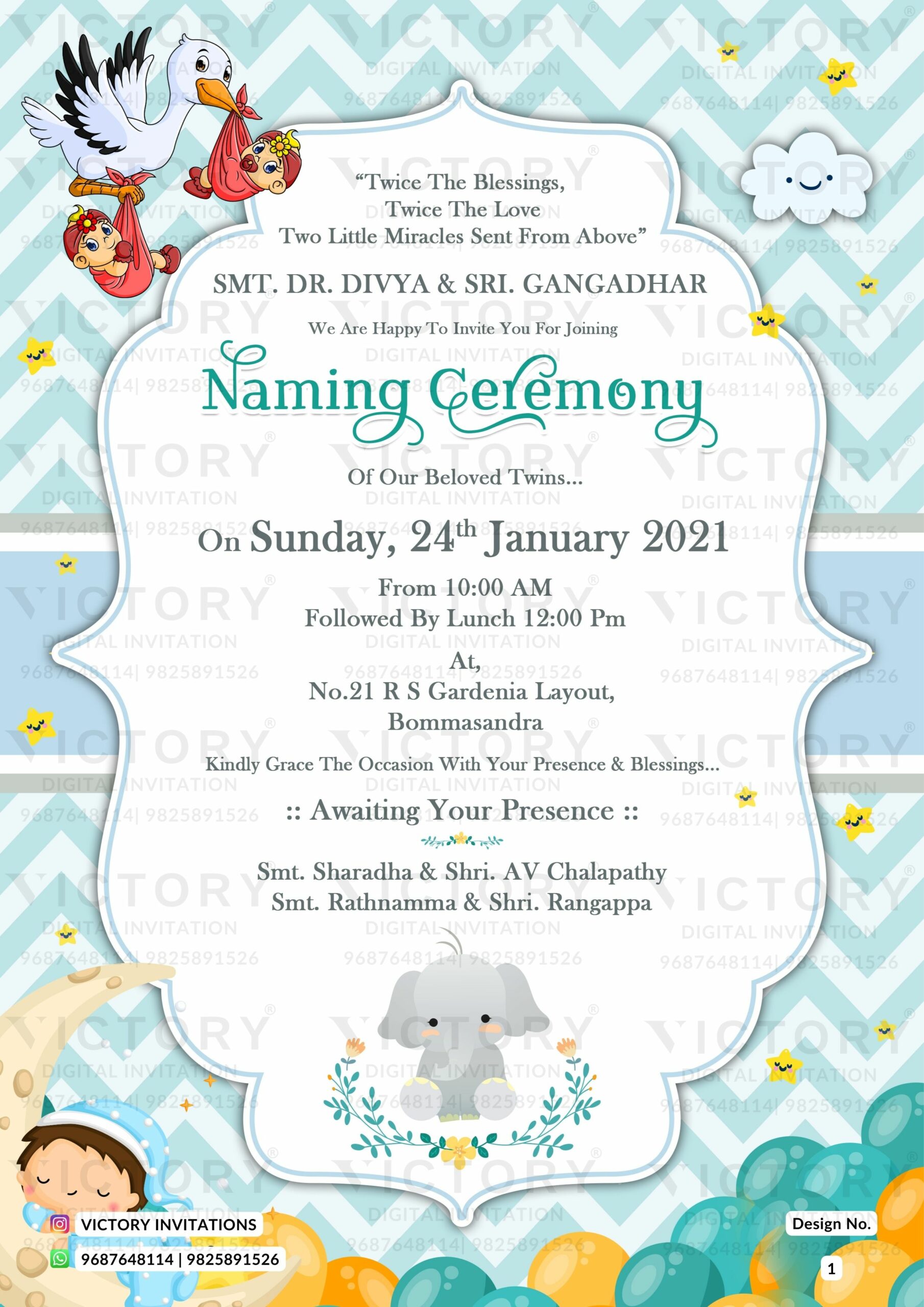 New Playful Elephant Blue E-invite for Baby Naming Ceremony, design no. 1 -  