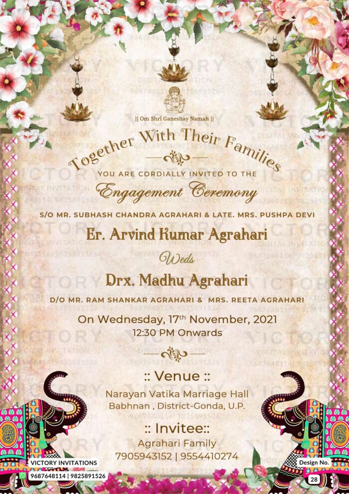 New Royal Vintage Digital invitation for Engagement with Indian Elephants, design no. 28
