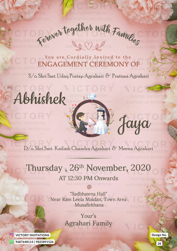 Blush Pink Floral Theme Wedding e-invite with Engagement Ring and Couple Doodle, design no. 27