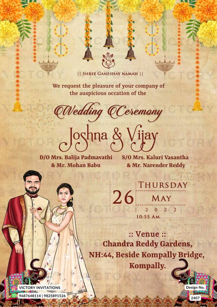 Traditional couple caricature invitation card for the wedding ceremony of Hindu south indian telugu family in english language with marigold vintage theme design 2407