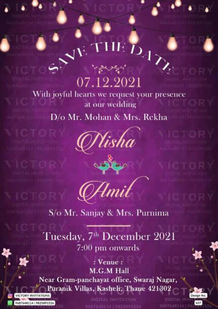 Wedding ceremony invitation card of hindu maharashtrian marathi family in english language with Shining theme design 637