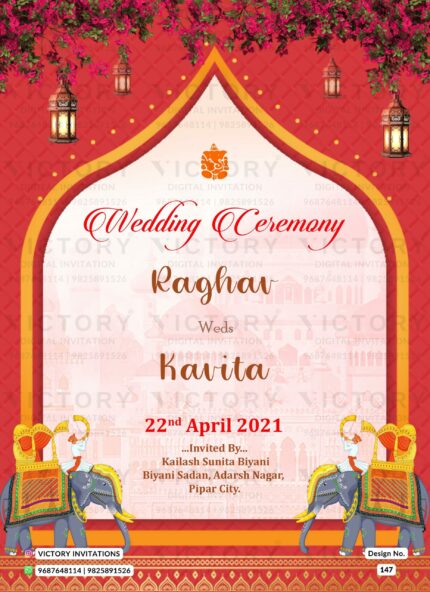 Wedding ceremony invitation card of hindu gujarati patel family in English language with traditional theme design 147