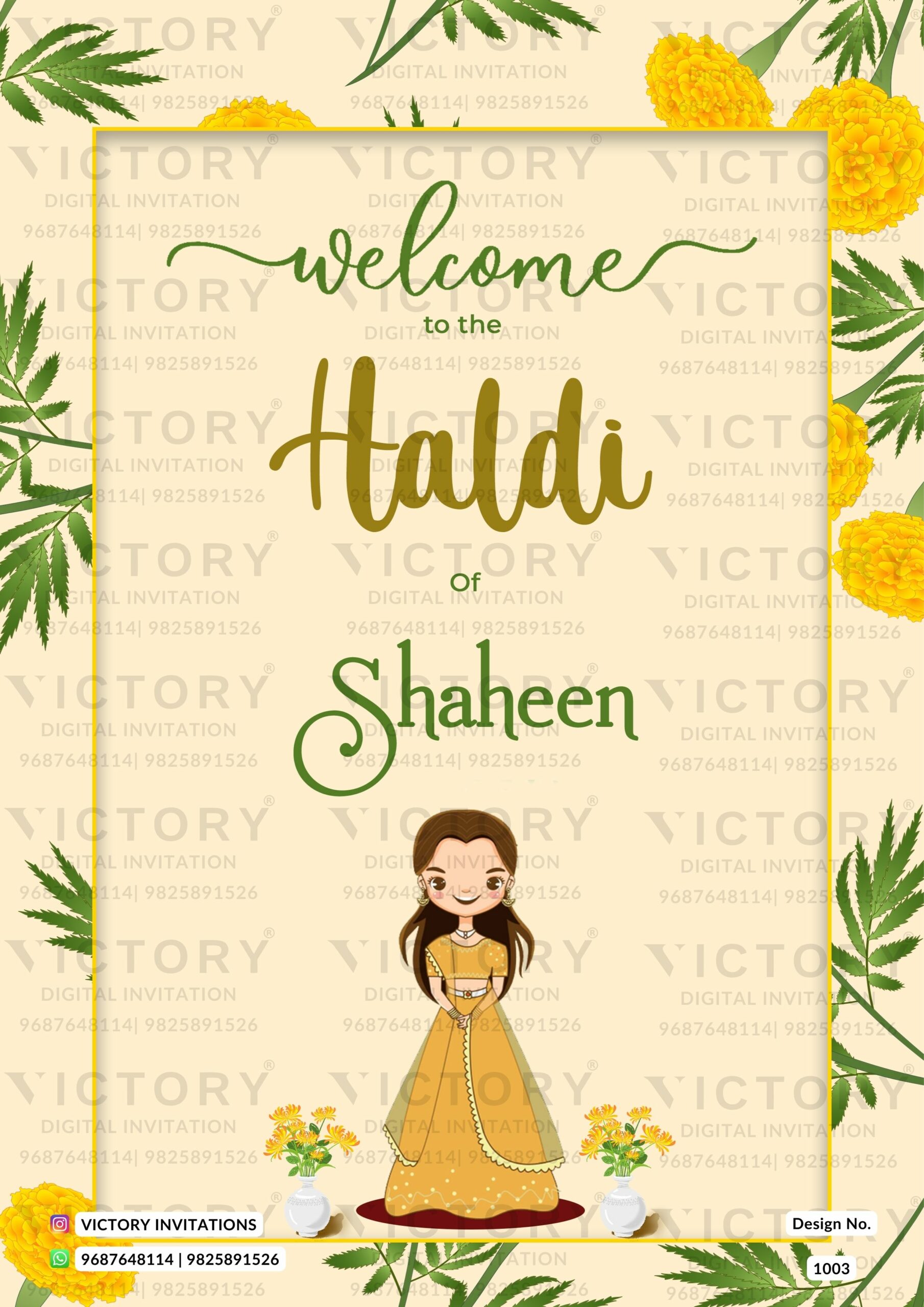New Marigold Theme Traditional Indian Digital invitation card with Haldi  Ceremony Bride Illustration, design no. 1003 