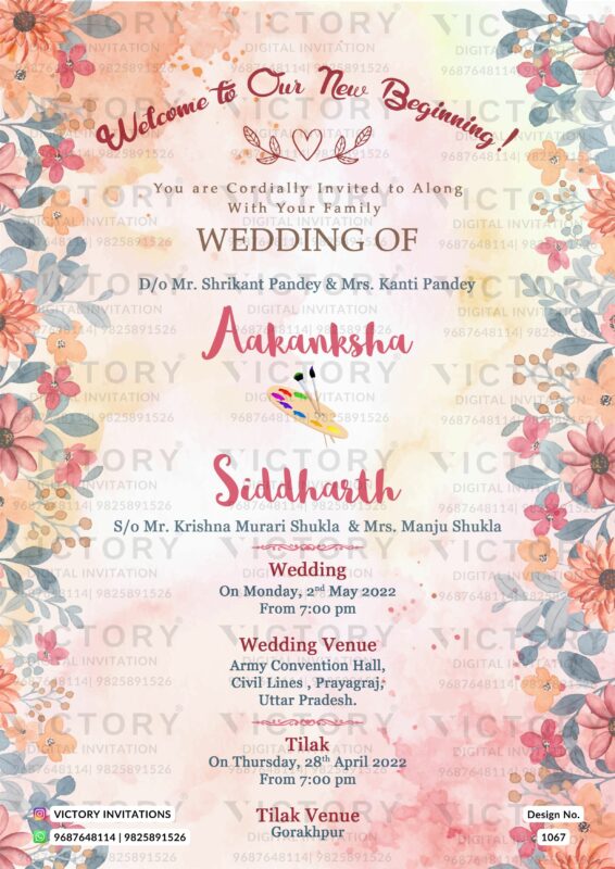 Pink and Peach Spring Theme Wedding E-invite with Wooden Art Pallete Illustration, design no. 1067