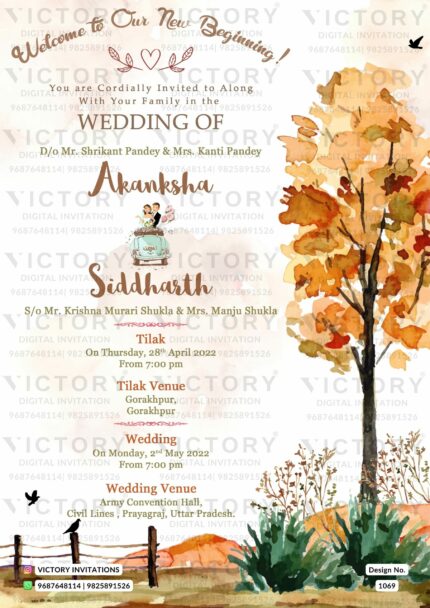 Stunning Water-Colored Autumn Theme Digital Wedding Invitation, design no. 1069