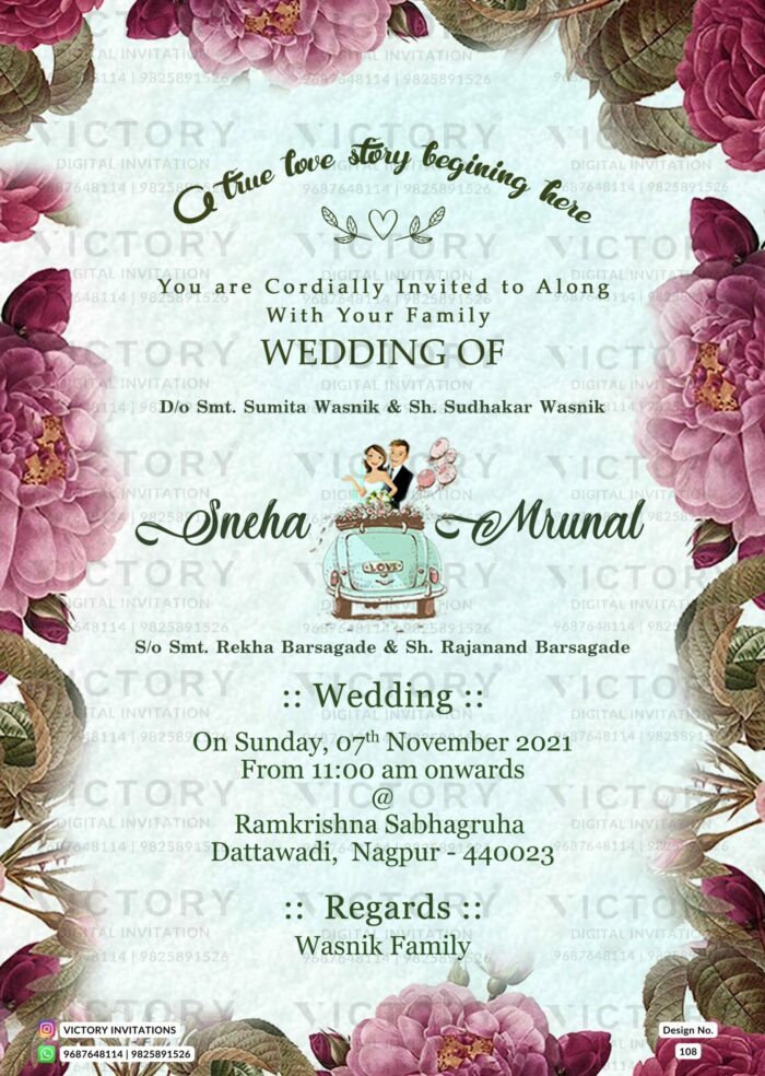 Wedding ceremony invitation card of hindu maharashtrian marathi family in english language with Floral theme design 108