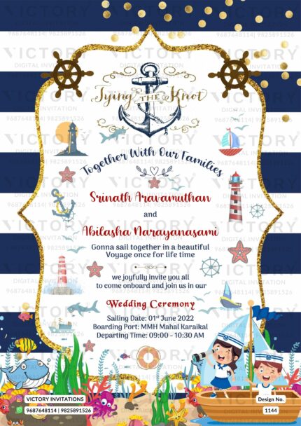Navy Blue and White Playful Wedding Invite with Nautical Theme Elements, design no. 1144