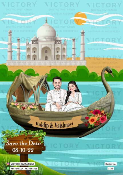 Bright-Colored Taj Mahal Theme Traditional Indian Save the Date with Couple Caricature, design no. 1148