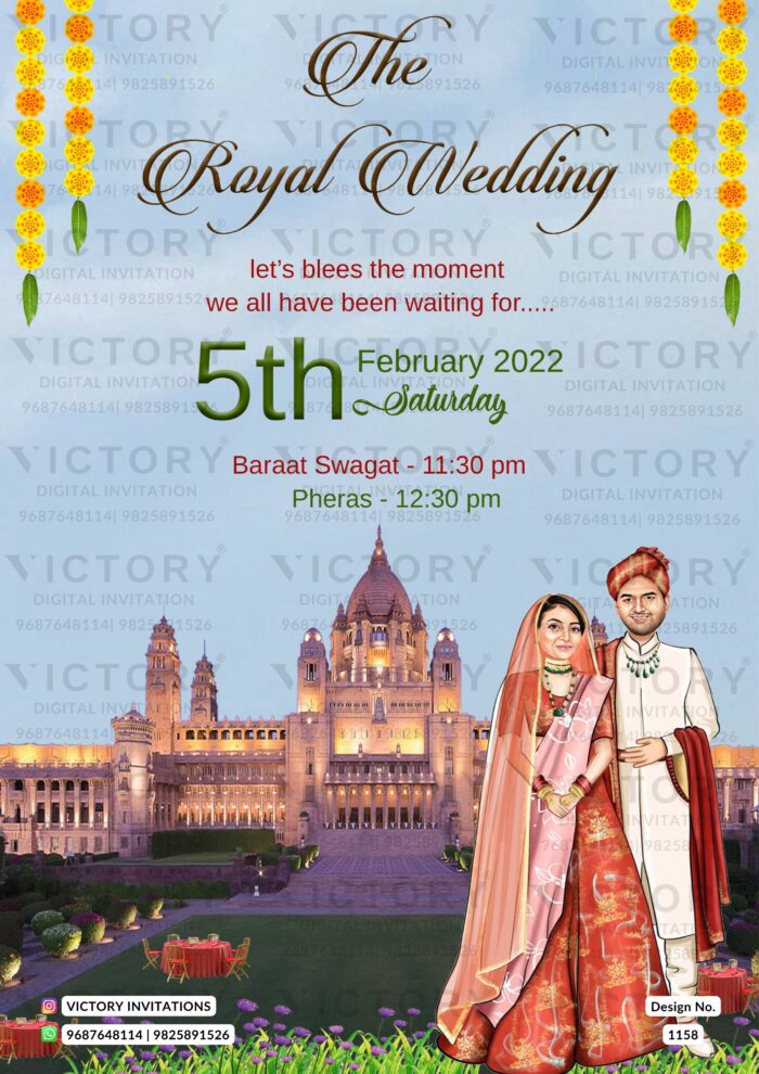 Majestic Vibrant-Colored Traditional Indian Wedding Invite with Couple Caricature and Taj Mahal Hotel Illustration, design no. 1158