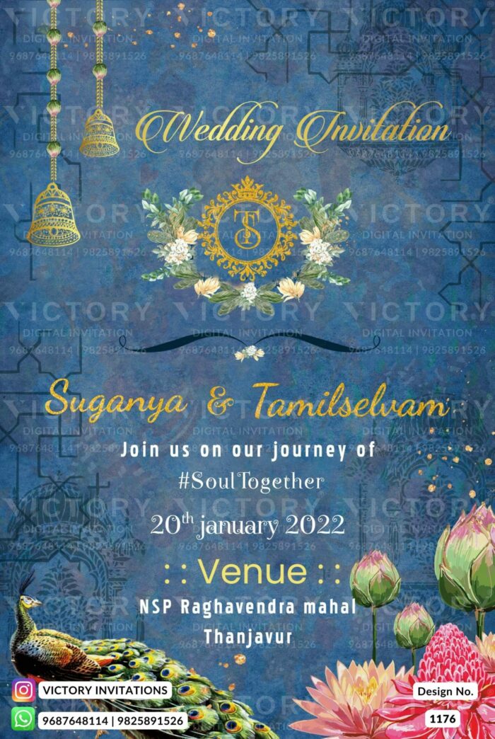 Wedding ceremony invitation card of hindu south indian tamil family in english language with vintage theme design 1176