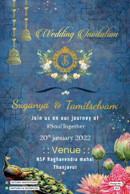 Rustic Blue and Gold Traditional South-Indian Wedding Virtual Invitation, design no. 1176