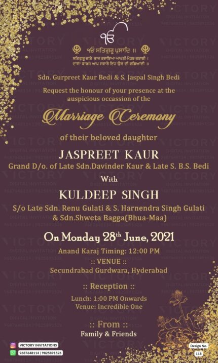 Wedding ceremony invitation card of hindu punjabi sikh family in English language with Glittery theme design 118
