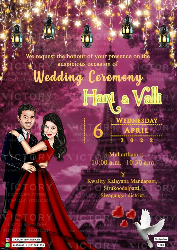 Dancing couple caricature invitation card for the wedding ceremony of Hindu south indian tamil family in english language with Paris romantic theme design 1201