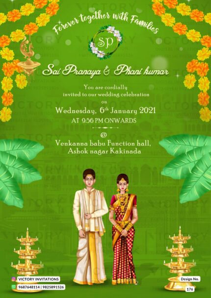 Parrot Green Traditional Indian Wedding E-card with Indian Couple Doodle, design no. 176
