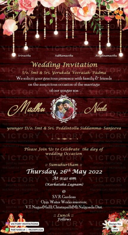Wedding ceremony invitation card of hindu south indian telugu family in english language with floral couple photo theme design 1944