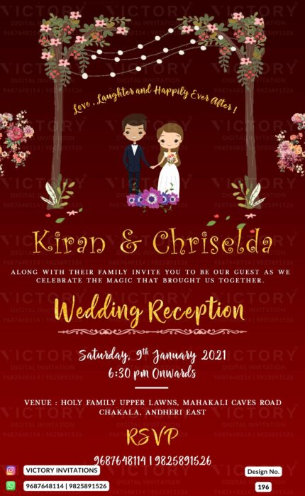 New Red Woodland Theme Digital Wedding Reception card with Couple Doodle, design no. 196