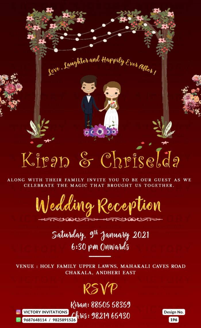 Red Woodland Theme Virtual Invitation with English Couple Doodle, design no. 196