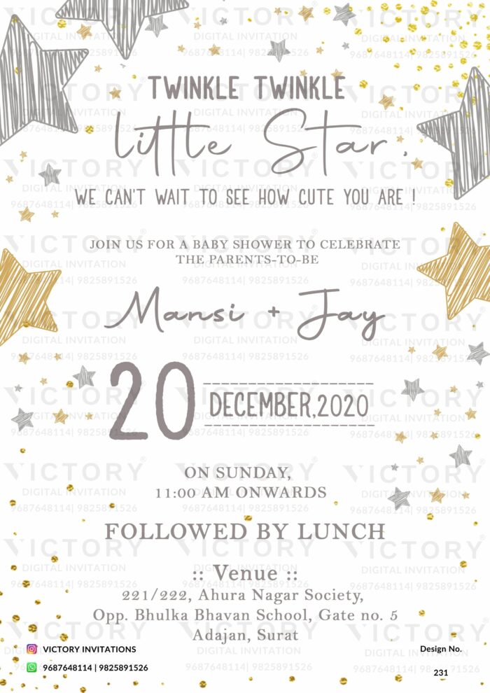 Playful Gold and Silver Star Theme Baby Shower Digital Invite, design no. 231