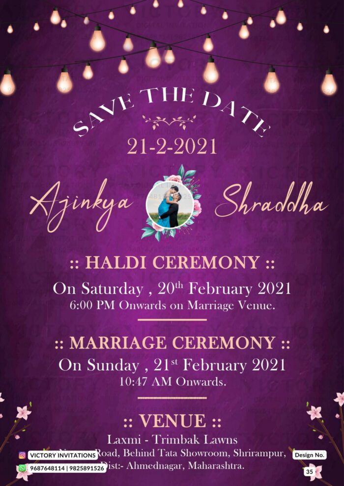 Wedding ceremony invitation card of hindu maharashtrian marathi family in english language with Shining theme design 35