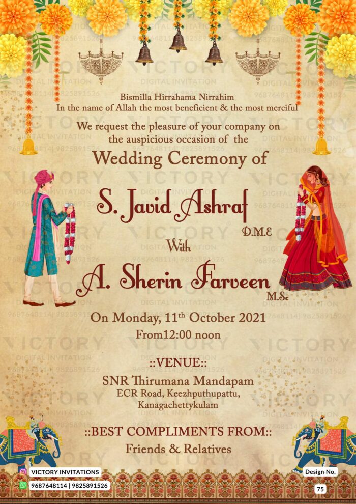 Marigold Traditional Indian Wedding Invite with Indian Bride Groom Doodle, design no. 75